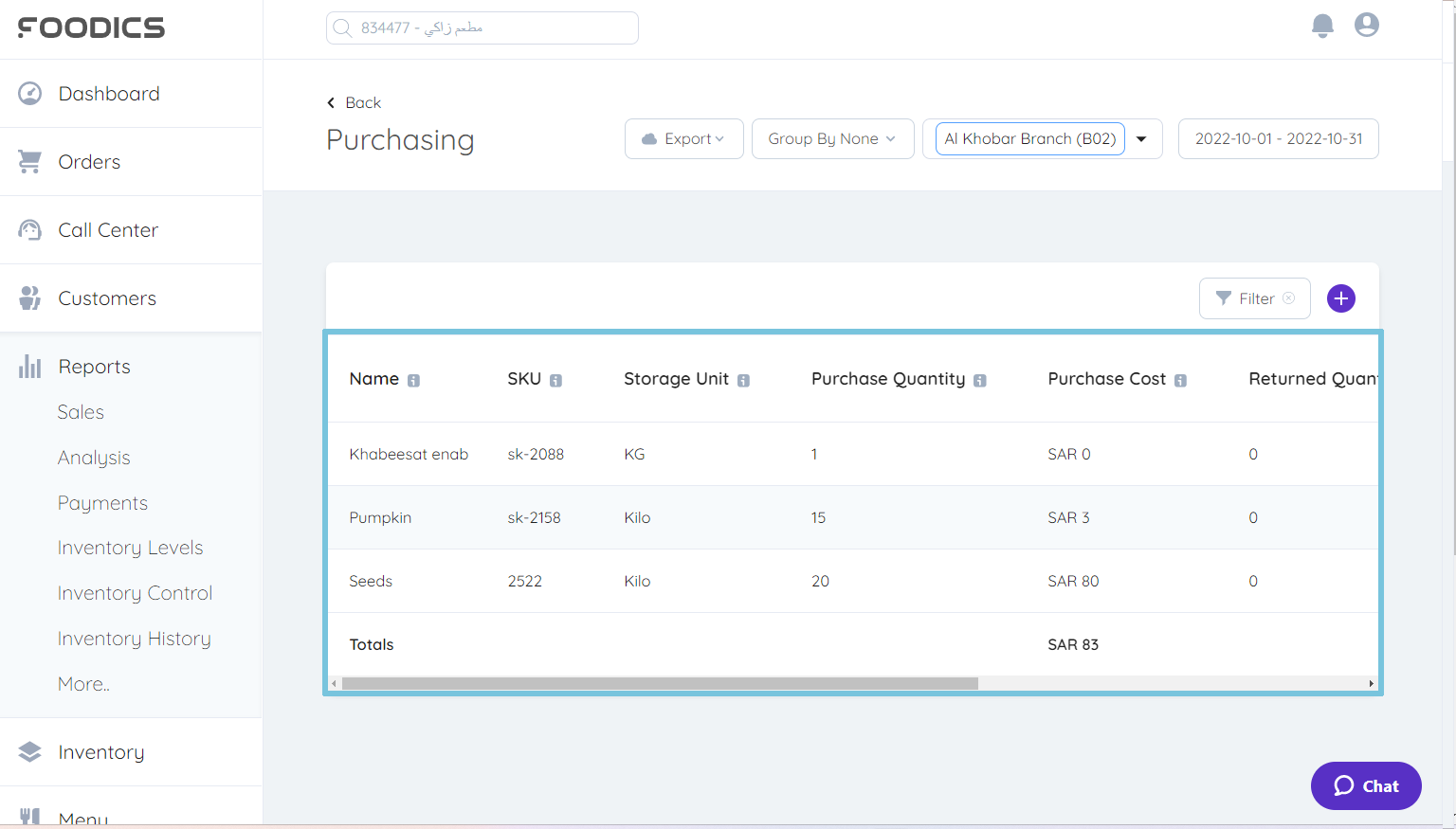 Purchasing Report – Foodics - Help Center